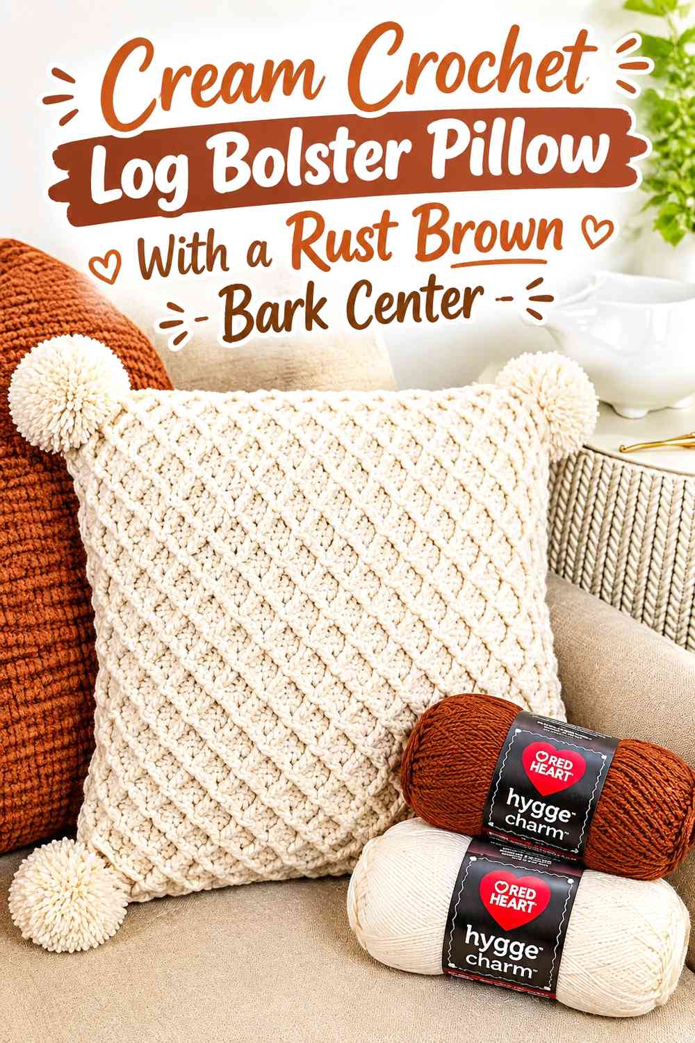Cream Crochet Log Bolster Pillow With a Rust Brown Bark Center