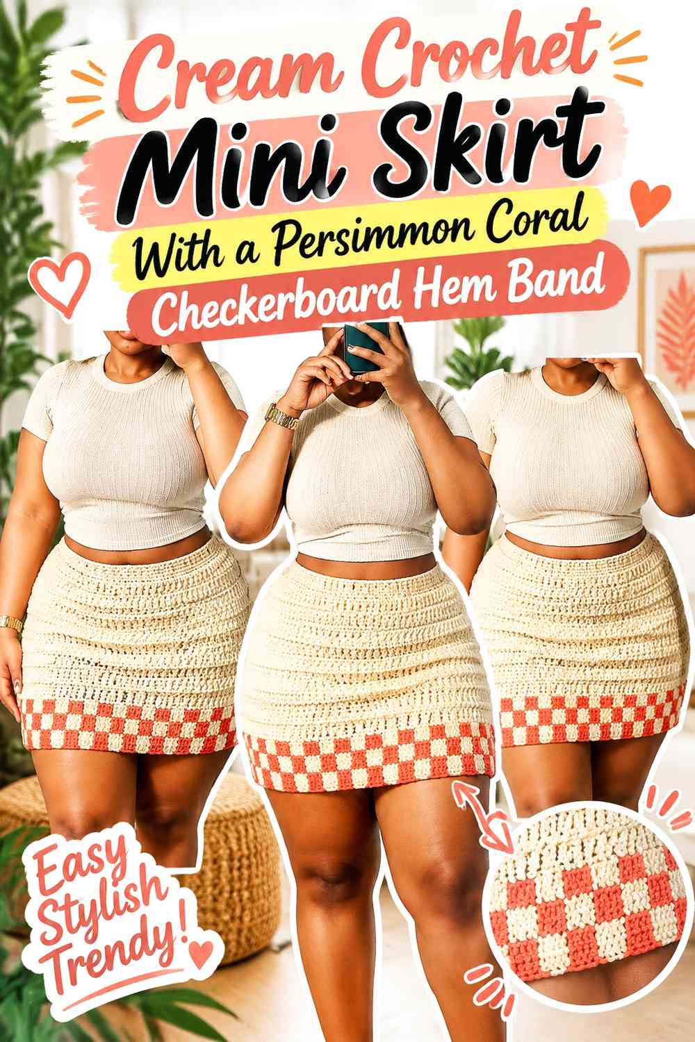 Cream Crochet Mini Skirt With a Persimmon Coral Checkerboard Hem Band