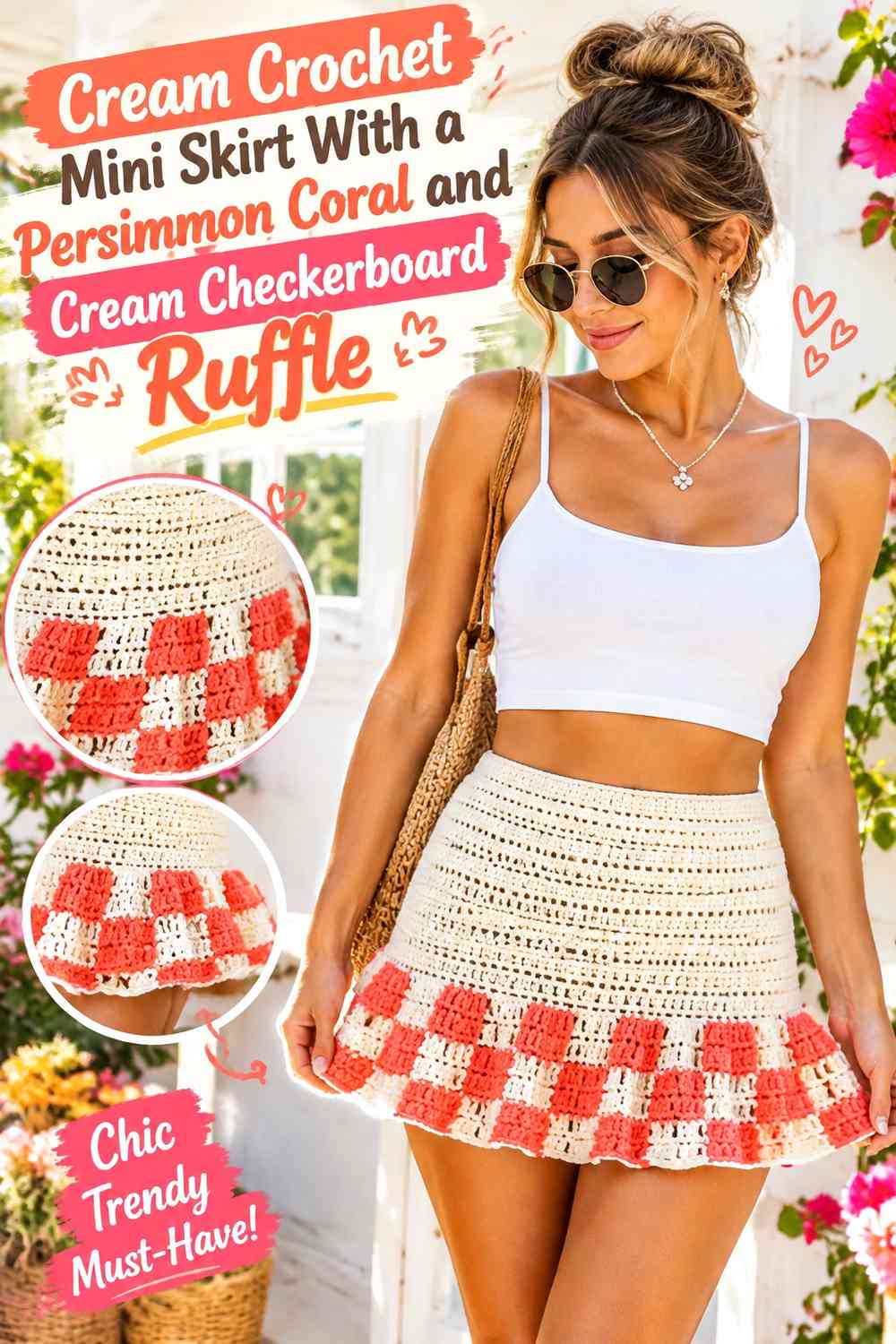 Cream Crochet Mini Skirt With a Persimmon Coral and Cream Checkerboard Ruffle