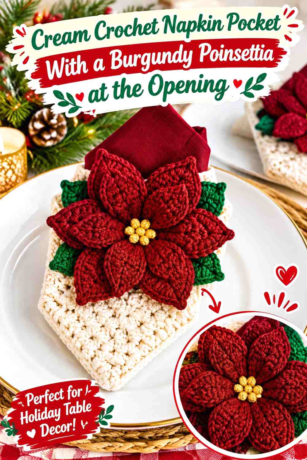 Cream Crochet Napkin Pocket With a Burgundy Poinsettia at the Opening