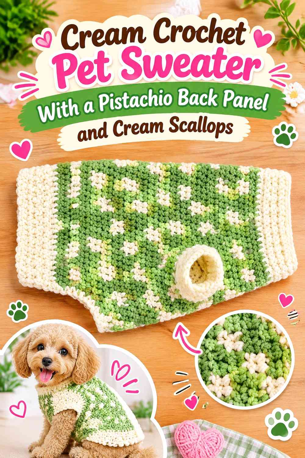 Cream Crochet Pet Sweater With a Pistachio Back Panel and Cream Scallops