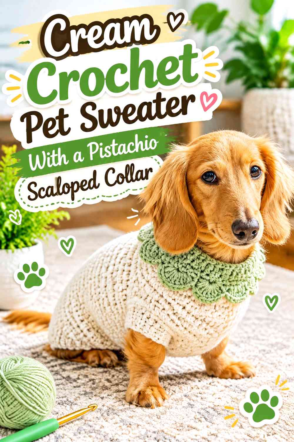 Cream Crochet Pet Sweater With a Pistachio Scalloped Collar