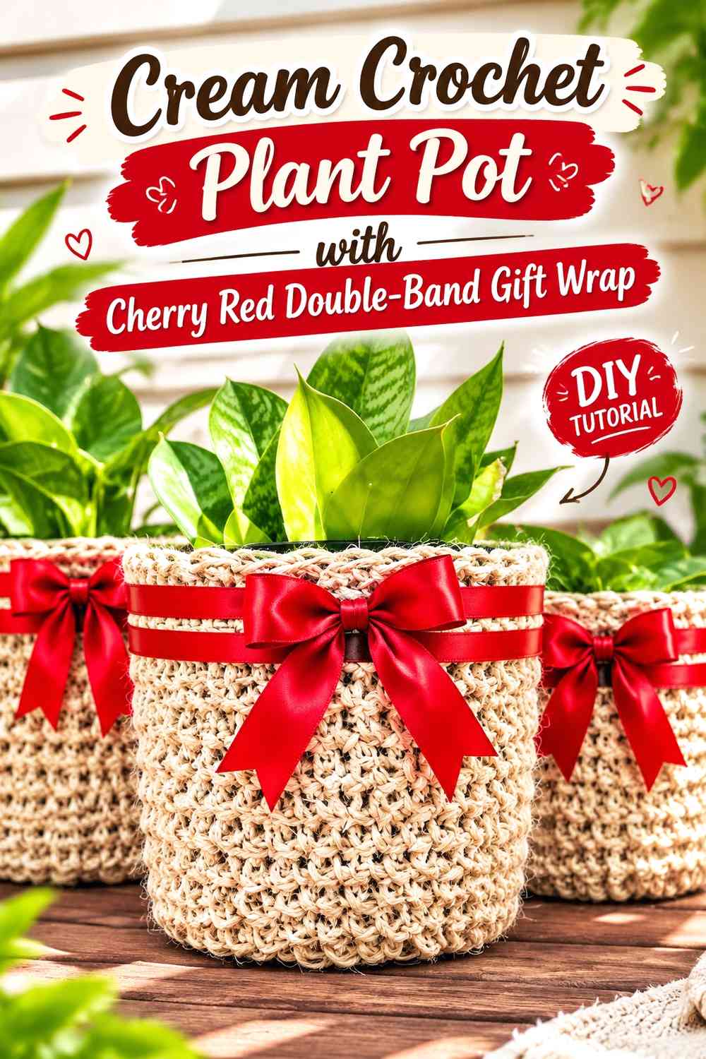 Cream Crochet Plant Pot with Cherry Red Double-Band Gift Wrap