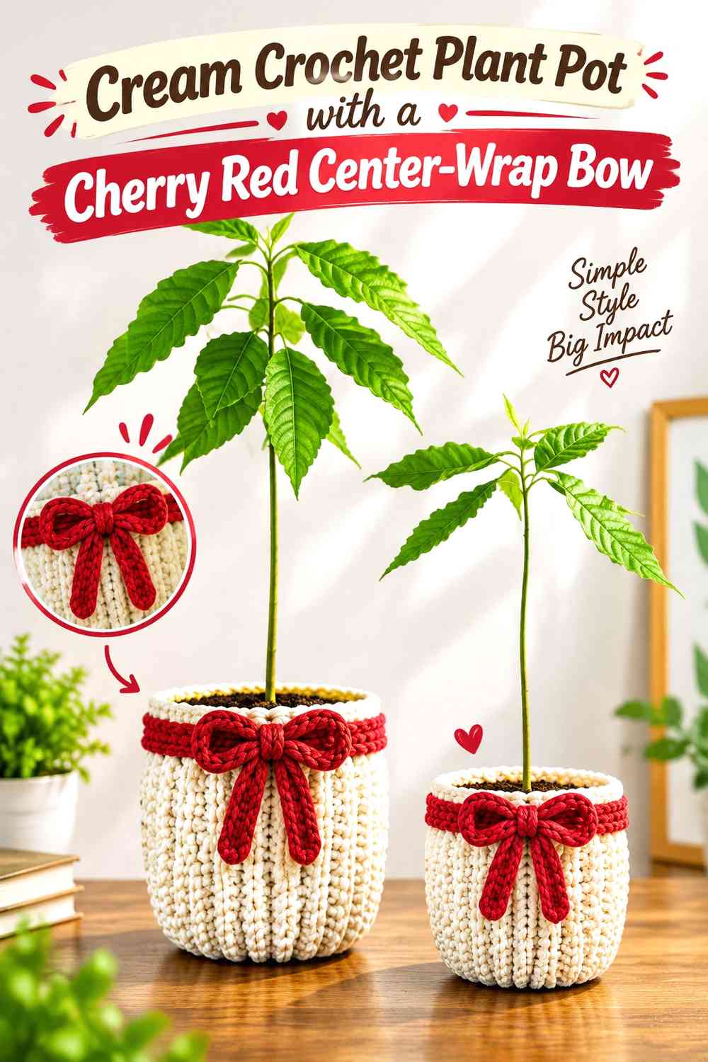 Cream Crochet Plant Pot with a Cherry Red Center-Wrap Bow