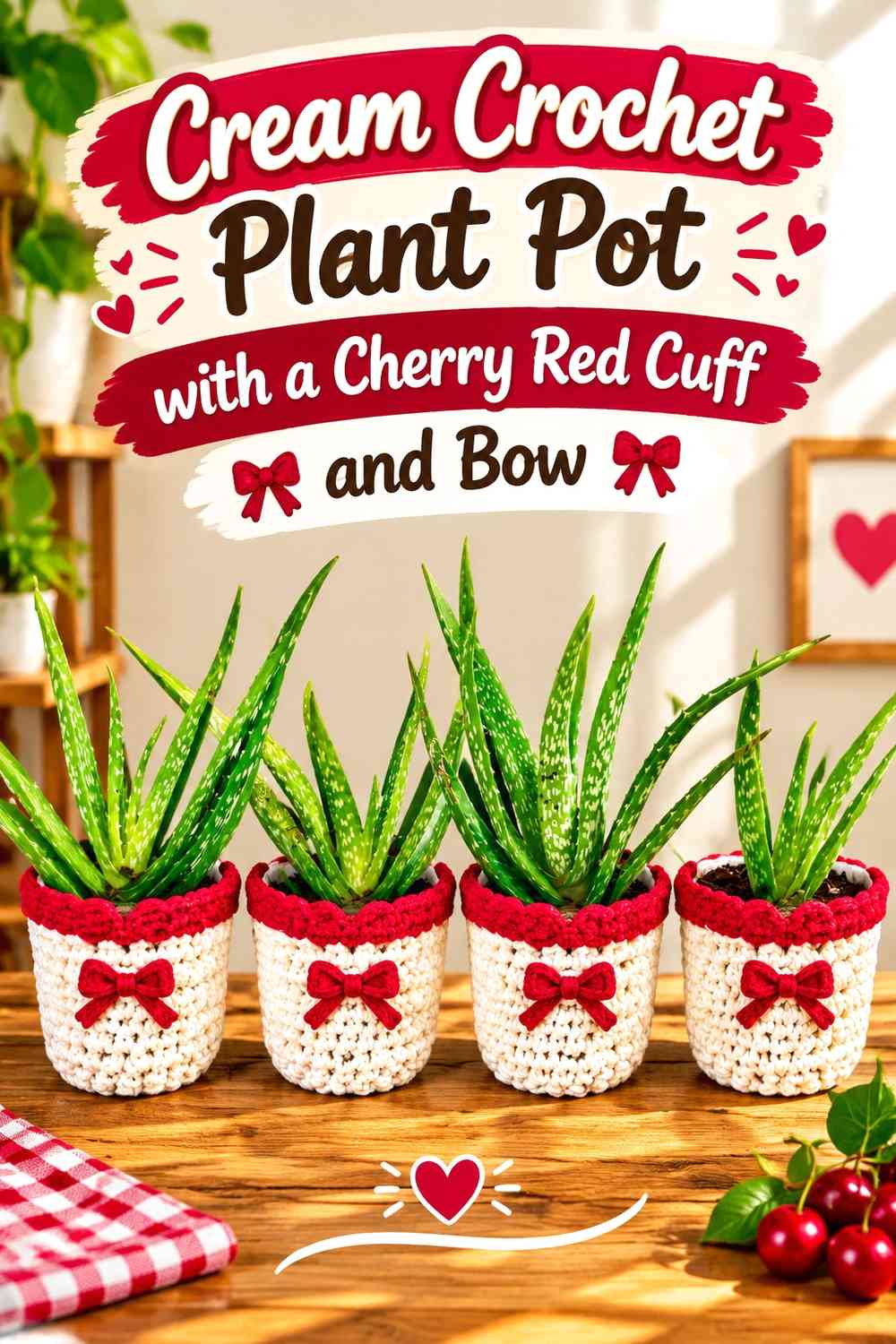 Cream Crochet Plant Pot with a Cherry Red Cuff and Bow