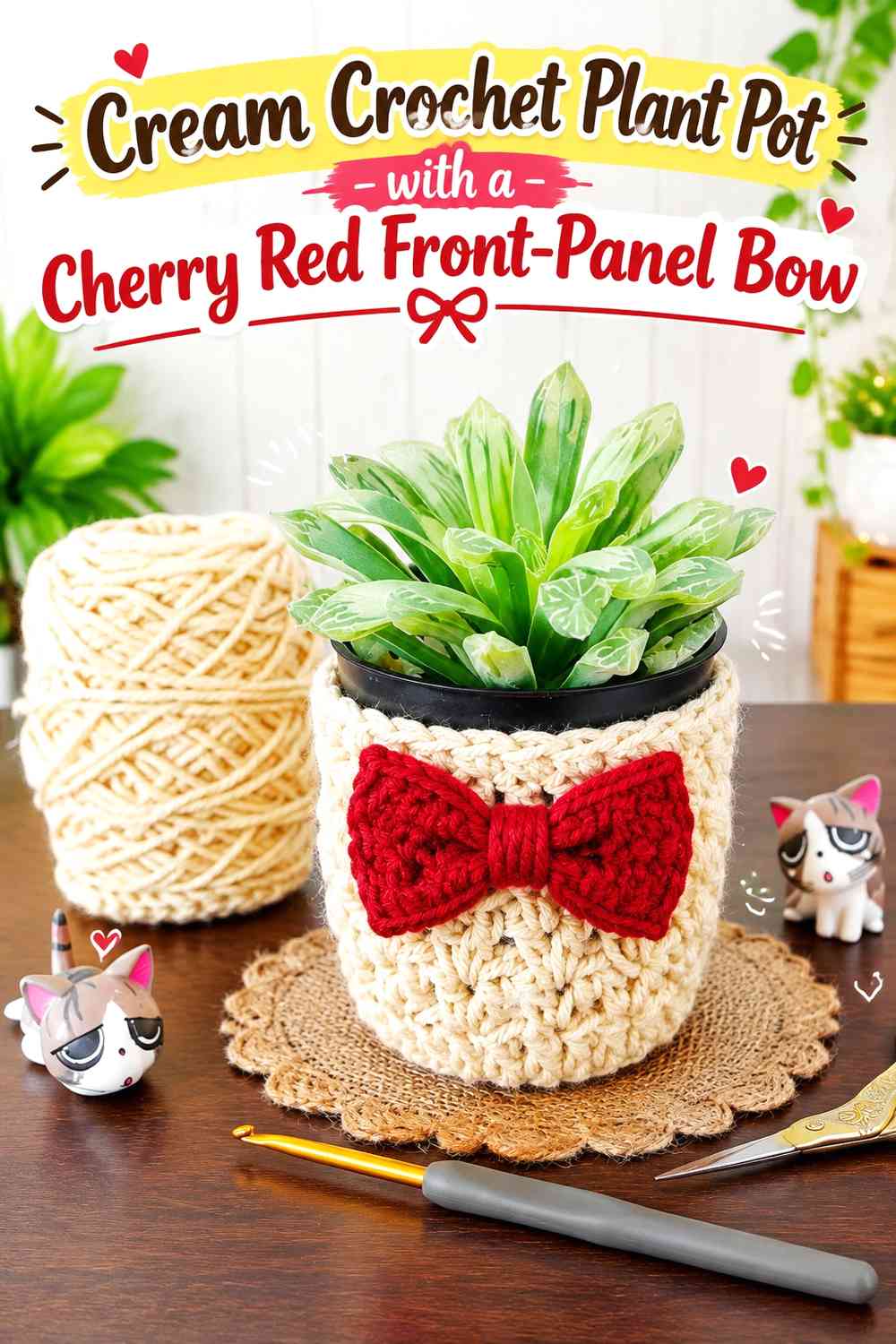 Cream Crochet Plant Pot with a Cherry Red Front-Panel Bow