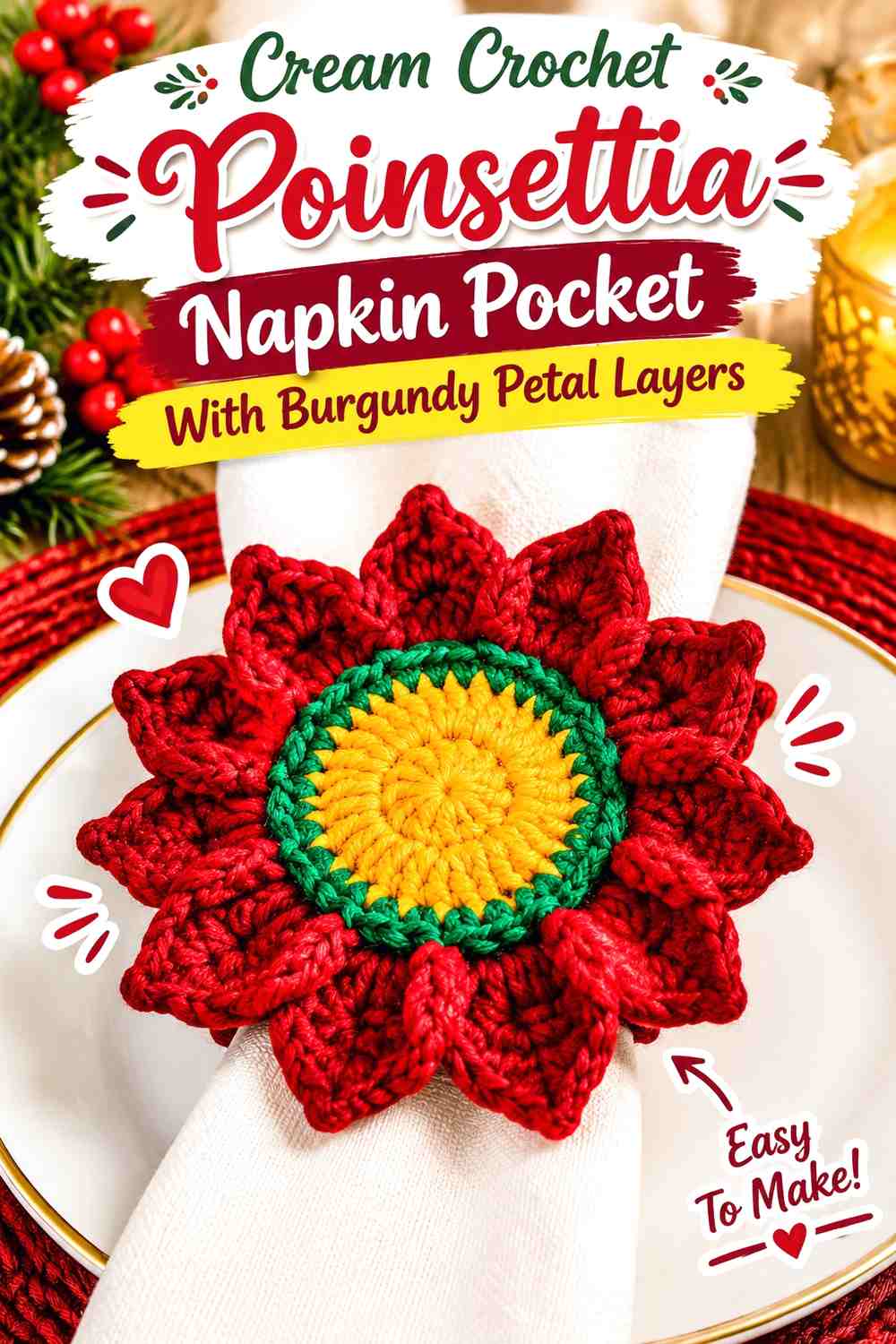 Cream Crochet Poinsettia Napkin Pocket With Burgundy Petal Layers
