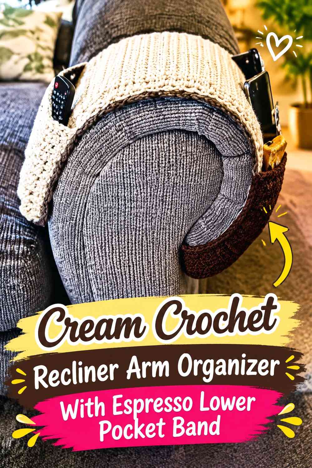 Cream Crochet Recliner Arm Organizer With Espresso Lower Pocket Band