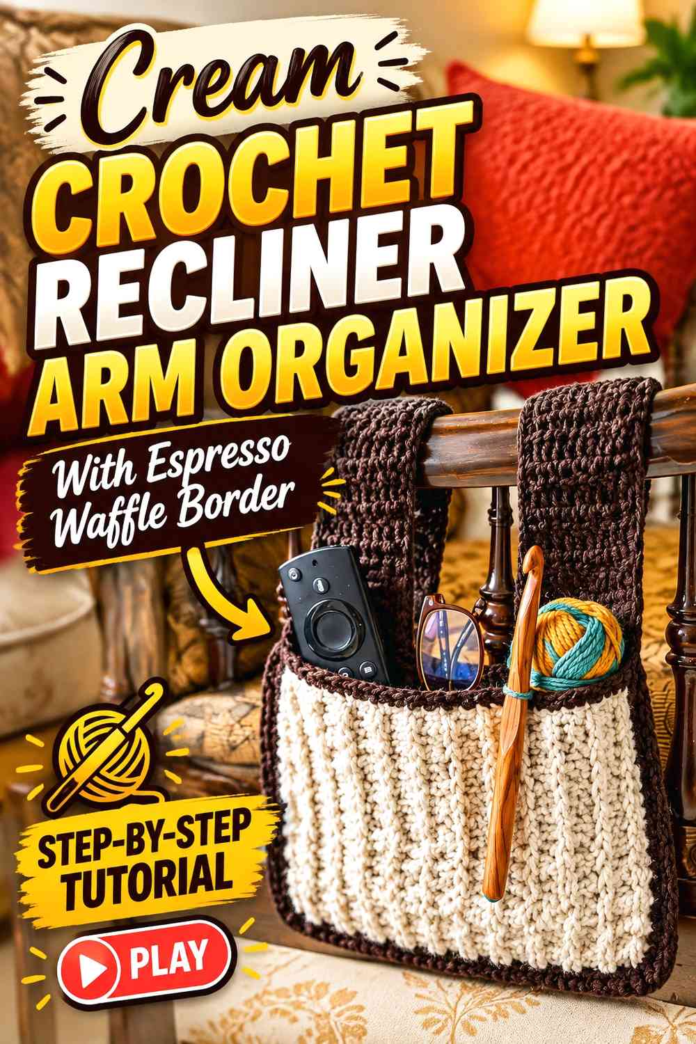 Cream Crochet Recliner Arm Organizer With Espresso Waffle Border