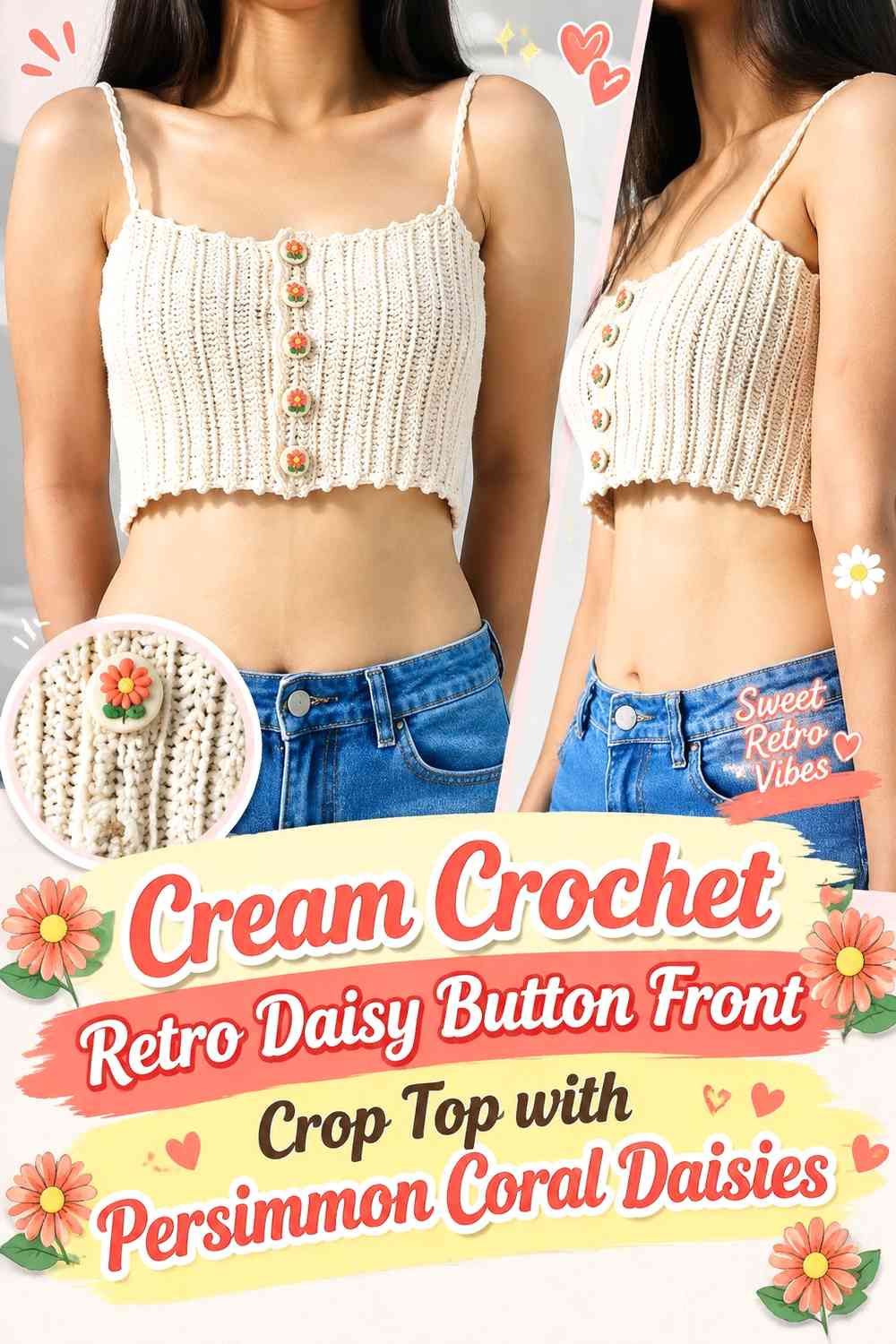 Cream Crochet Retro Daisy Button Front Crop Top with Persimmon Coral Daisies