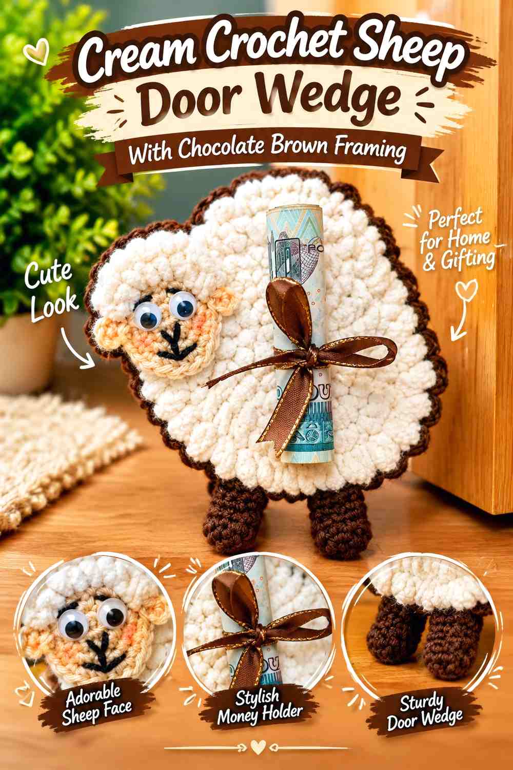 Cream Crochet Sheep Door Wedge With Chocolate Brown Framing