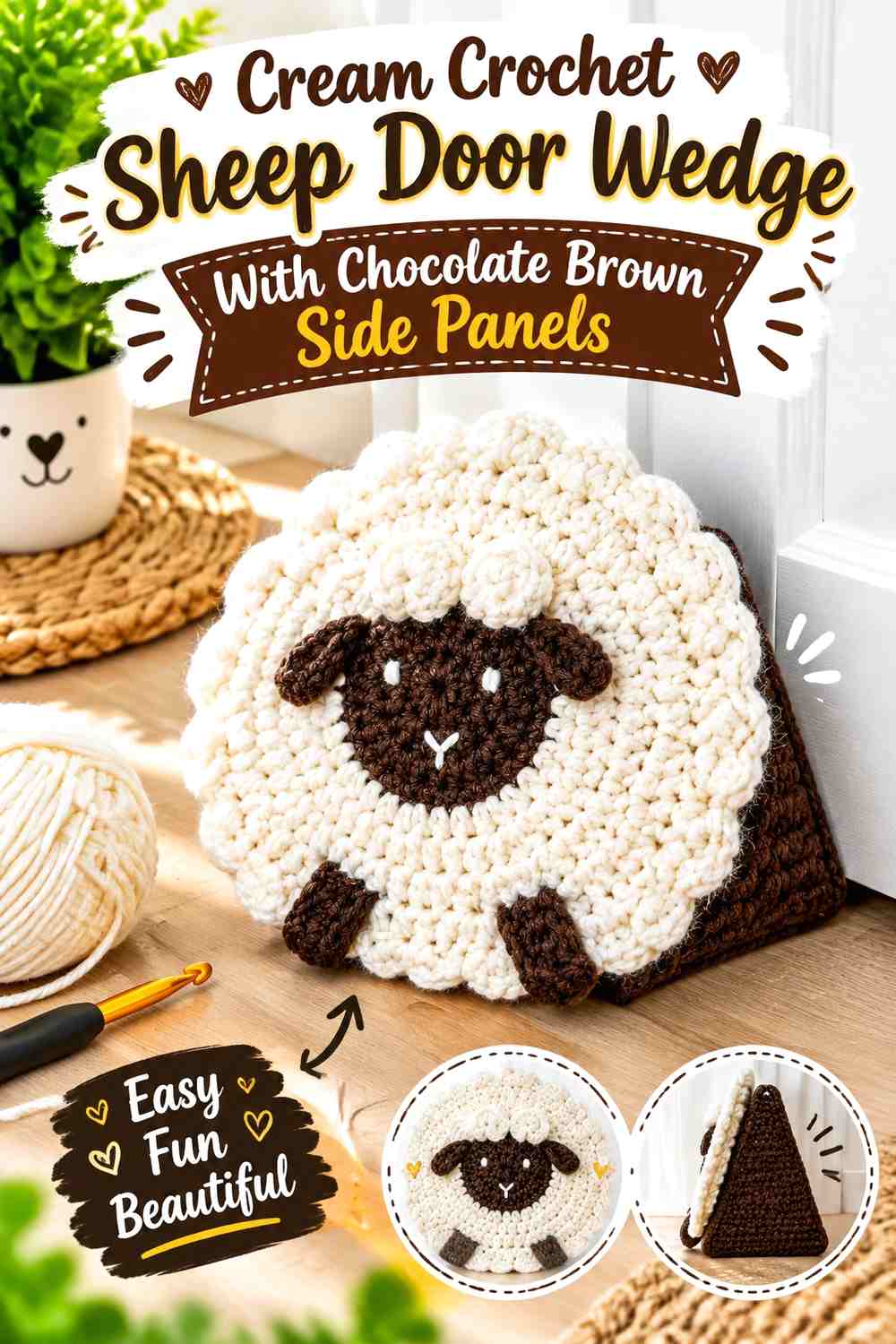 Cream Crochet Sheep Door Wedge With Chocolate Brown Side Panels