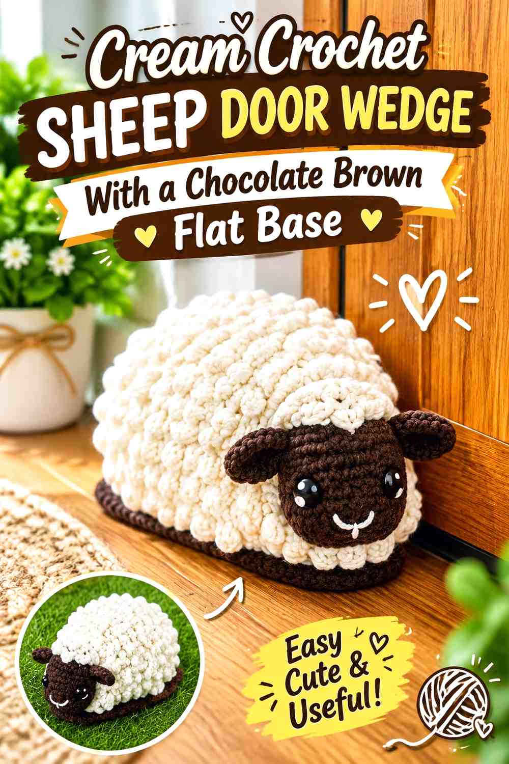 Cream Crochet Sheep Door Wedge With a Chocolate Brown Flat Base