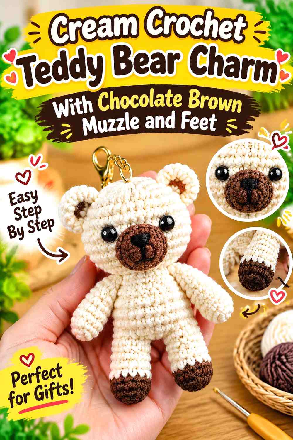 Cream Crochet Teddy Bear Charm With Chocolate Brown Muzzle and Feet