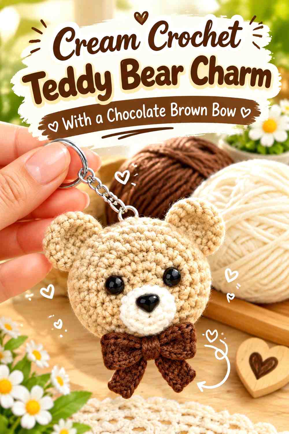 Cream Crochet Teddy Bear Charm With a Chocolate Brown Bow