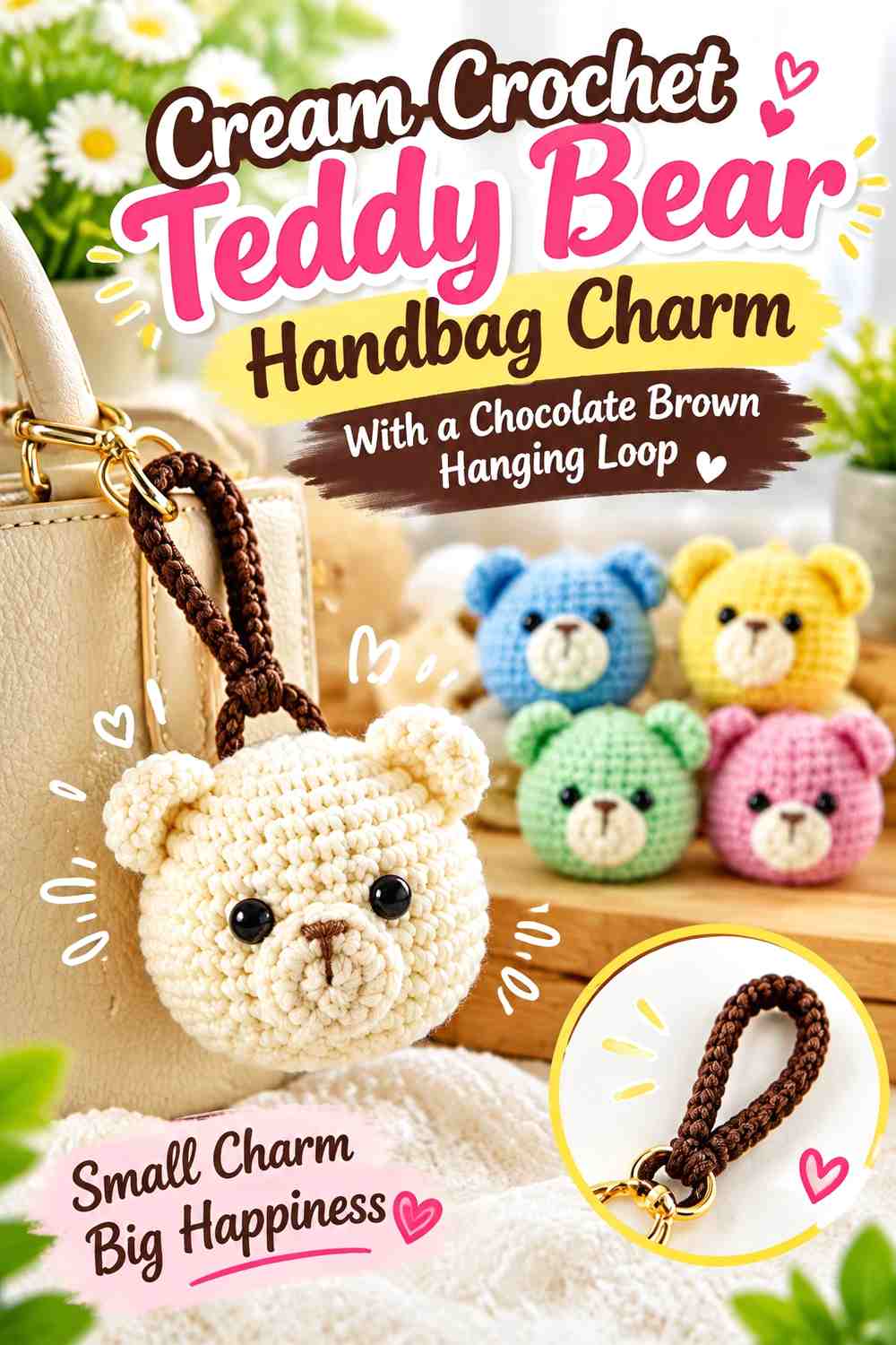 Cream Crochet Teddy Bear Handbag Charm With a Chocolate Brown Hanging Loop