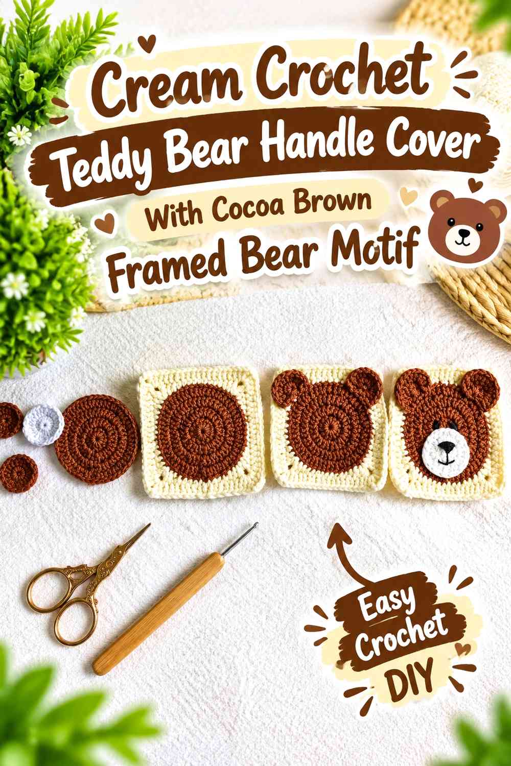 Cream Crochet Teddy Bear Handle Cover With Cocoa Brown Framed Bear Motif