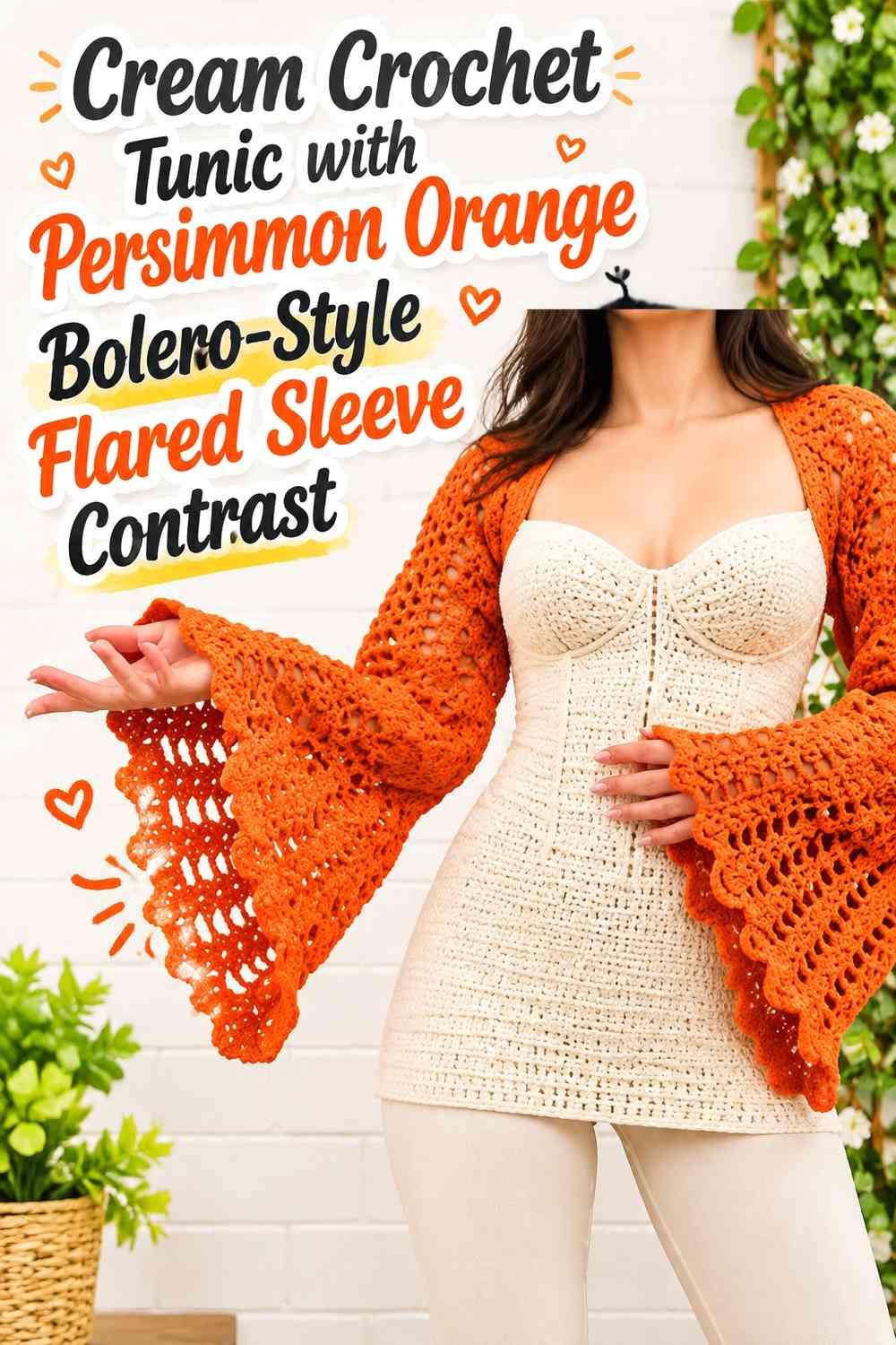 Cream Crochet Tunic with Persimmon Orange Bolero-Style Flared Sleeve Contrast
