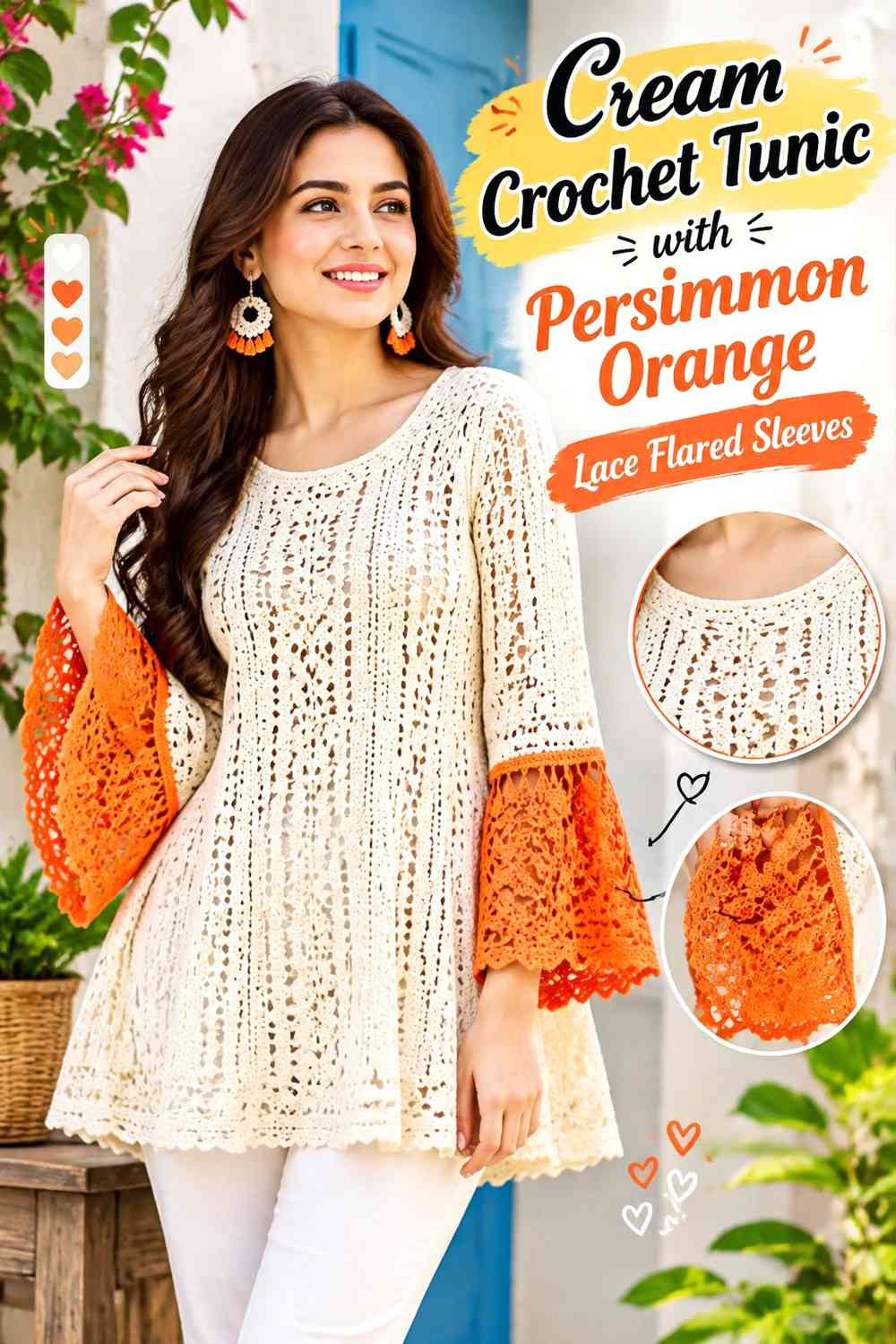 Cream Crochet Tunic with Persimmon Orange Lace Flared Sleeves