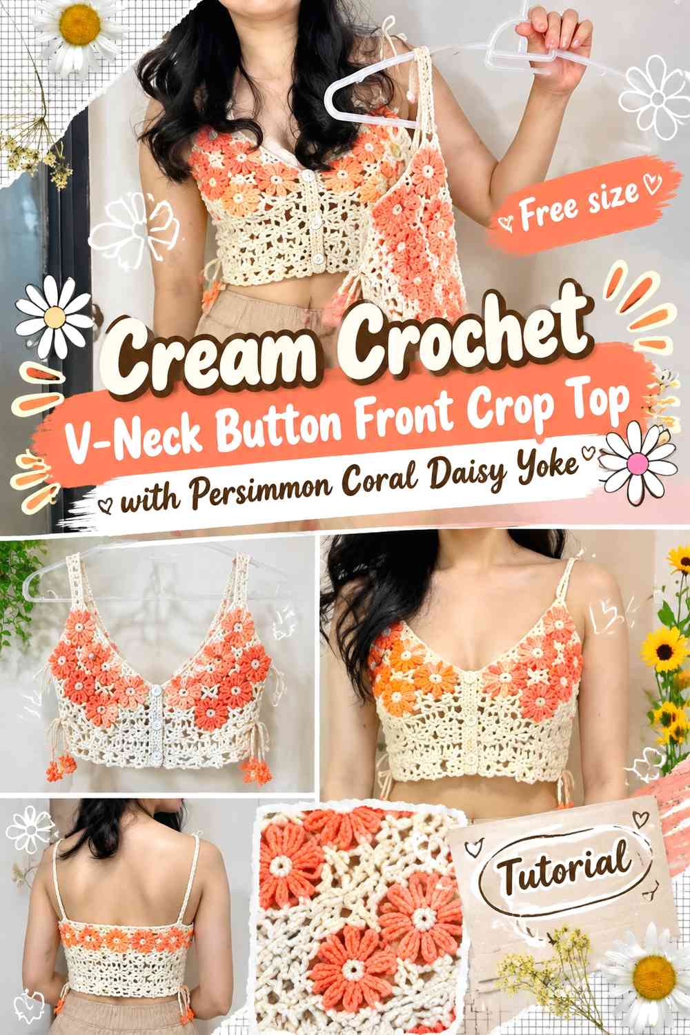 Cream Crochet V-Neck Button Front Crop Top with Persimmon Coral Daisy Yoke