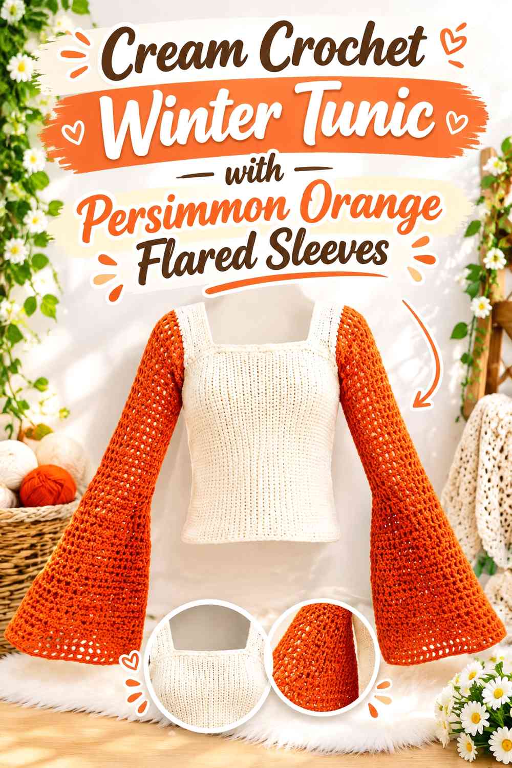 Cream Crochet Winter Tunic with Persimmon Orange Flared Sleeves