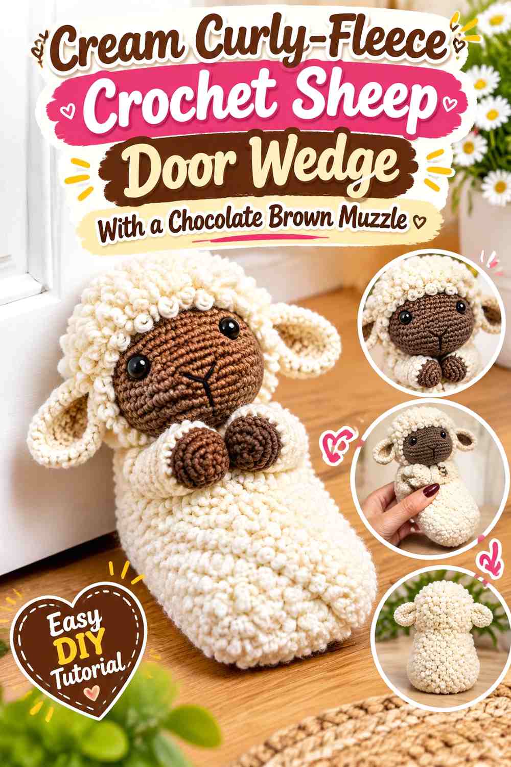 Cream Curly-Fleece Crochet Sheep Door Wedge With a Chocolate Brown Muzzle