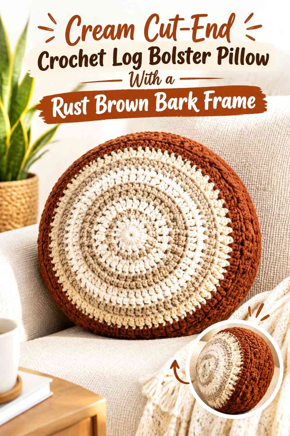 Cream Cut-End Crochet Log Bolster Pillow With a Rust Brown Bark Frame