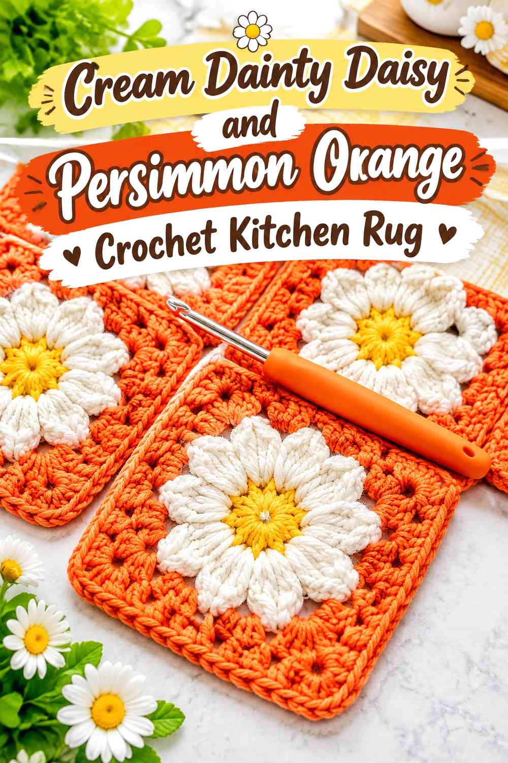 Cream Dainty Daisy and Persimmon Orange Crochet Kitchen Rug