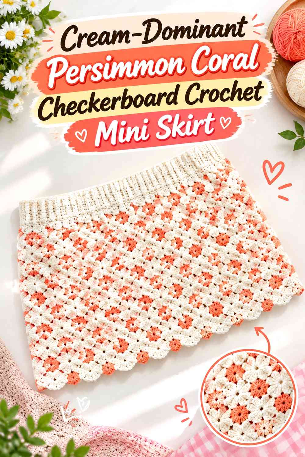 Cream-Dominant Persimmon Coral Checkerboard Crochet Mini Skirt