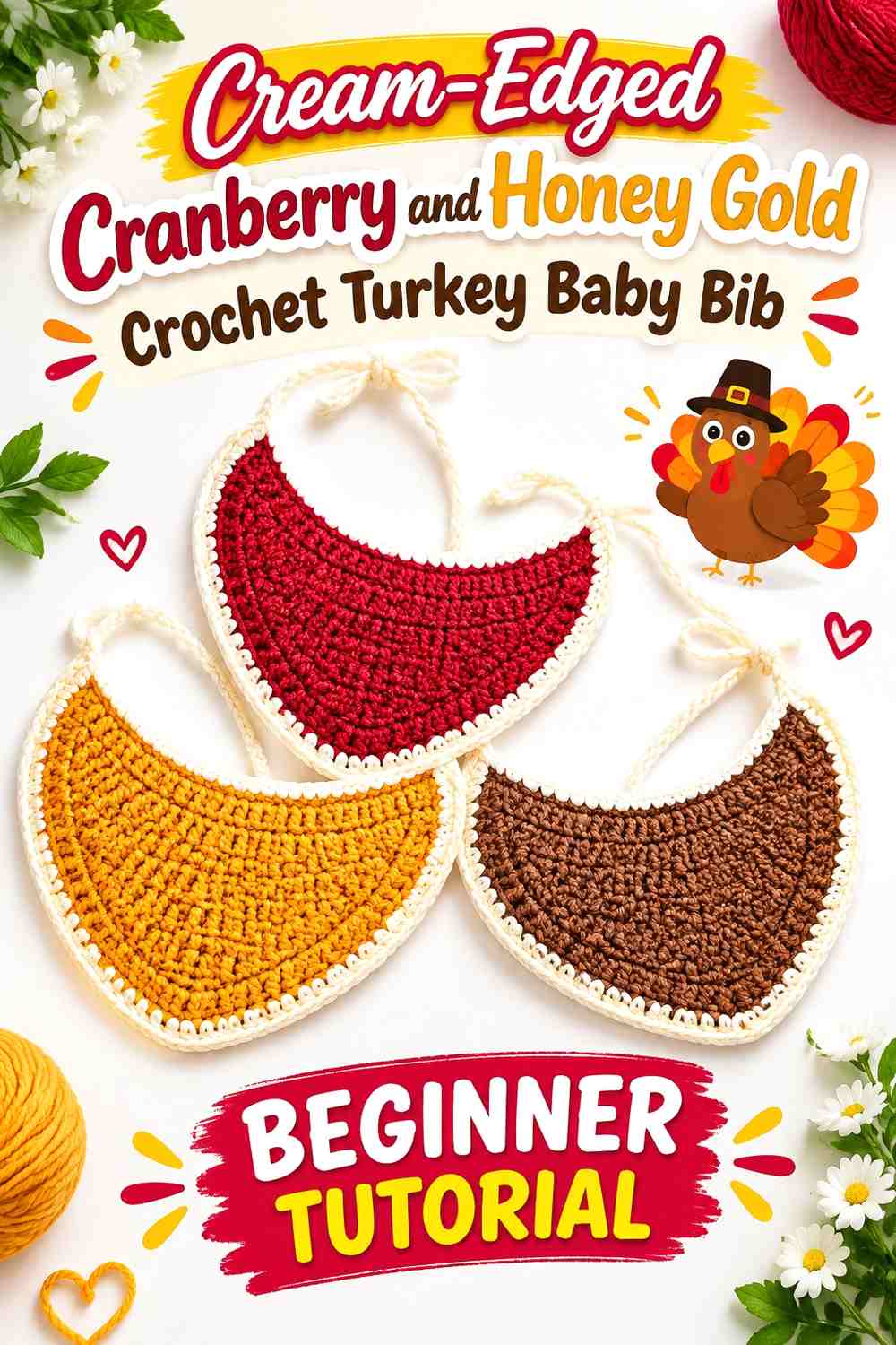 Cream-Edged Cranberry and Honey Gold Crochet Turkey Baby Bib