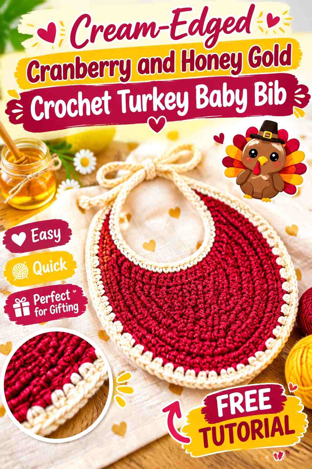 Cream-Edged Cranberry and Honey Gold Crochet Turkey Baby Bib