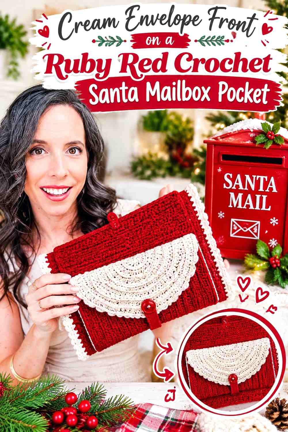 Cream Envelope Front on a Ruby Red Crochet Santa Mailbox Pocket