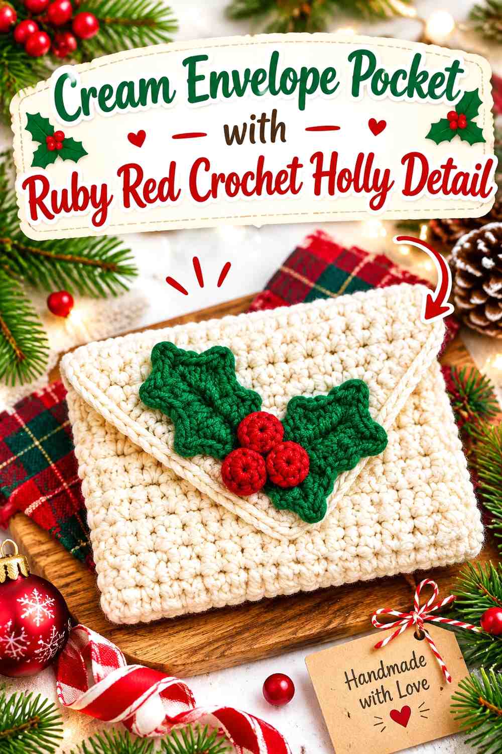 Cream Envelope Pocket with Ruby Red Crochet Holly Detail