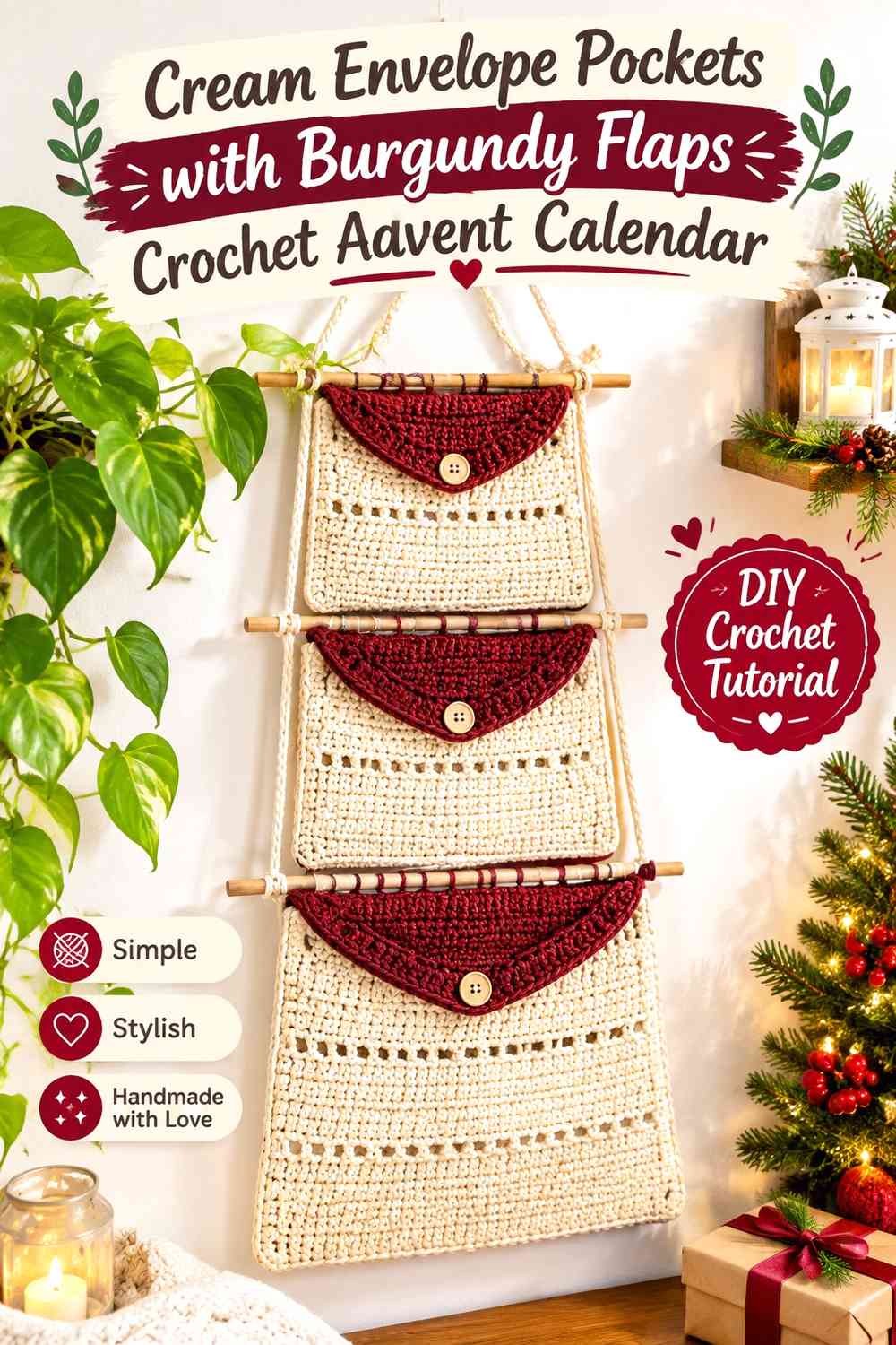 Cream Envelope Pockets with Burgundy Flaps Crochet Advent Calendar