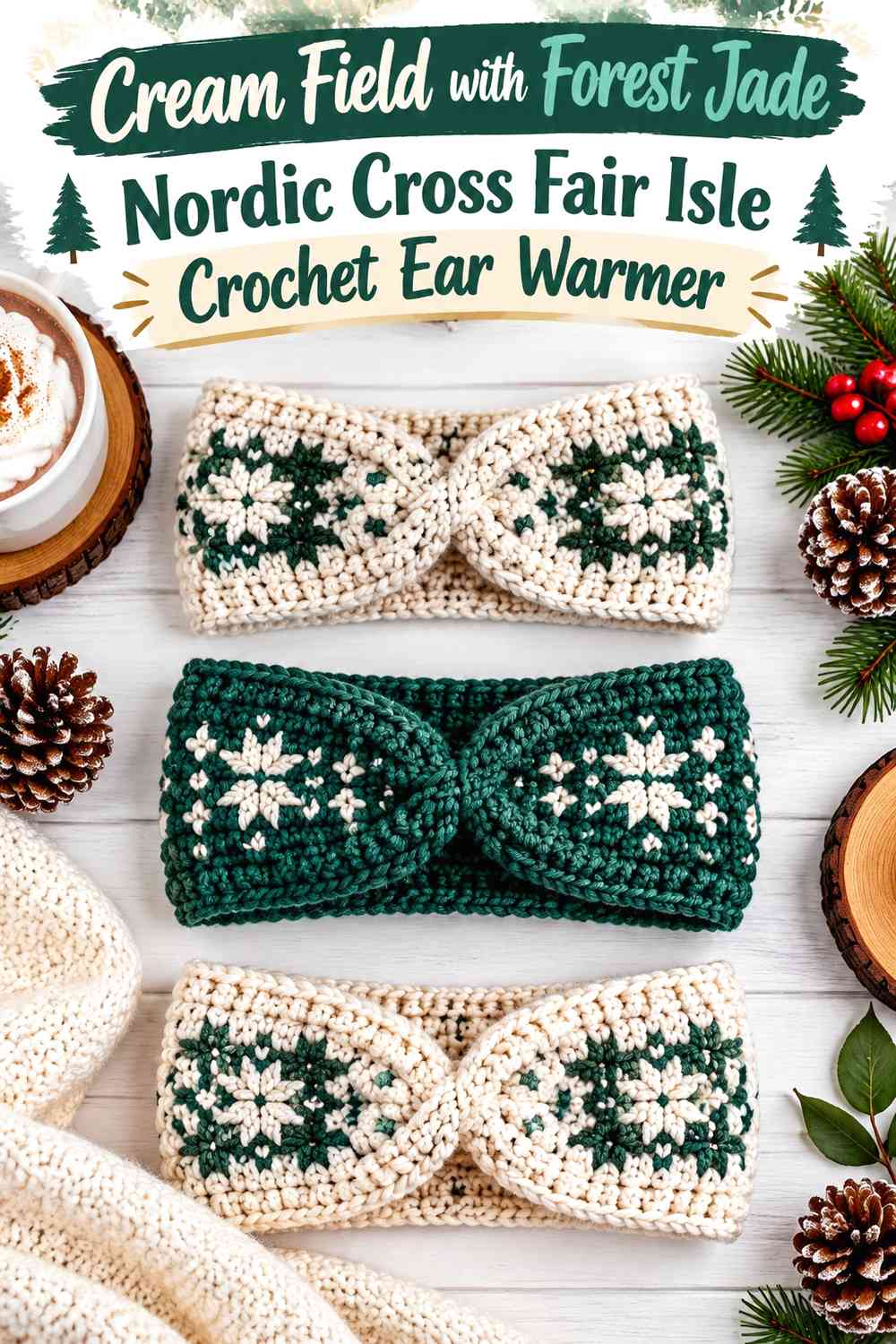 Cream Field with Forest Jade Nordic Cross Fair Isle Crochet Ear Warmer