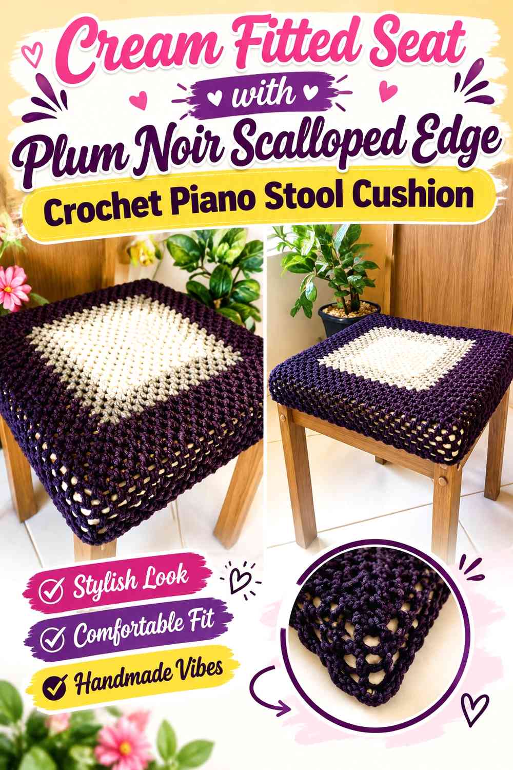 Cream Fitted Seat with Plum Noir Scalloped Edge Crochet Piano Stool Cushion