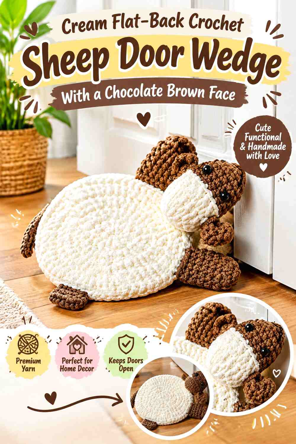 Cream Flat-Back Crochet Sheep Door Wedge With a Chocolate Brown Face