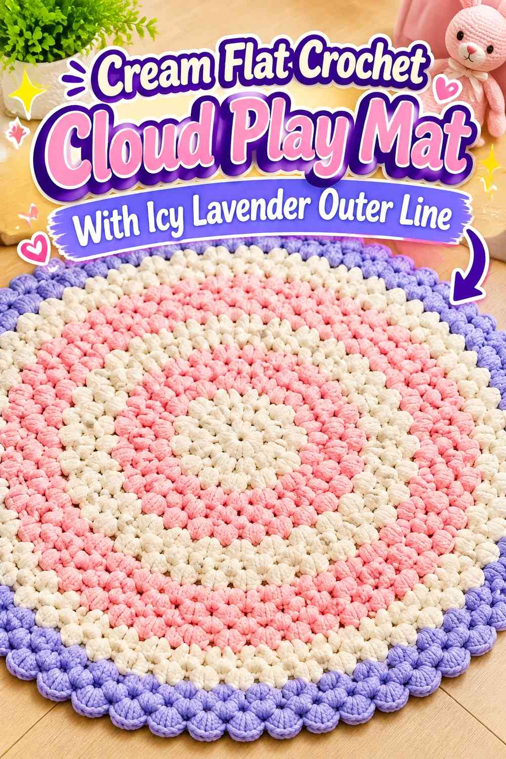 Cream Flat Crochet Cloud Play Mat With Icy Lavender Outer Line