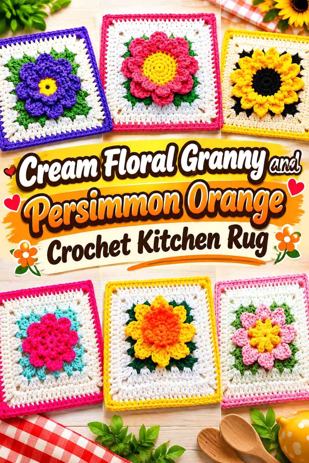 Cream Floral Granny and Persimmon Orange Crochet Kitchen Rug
