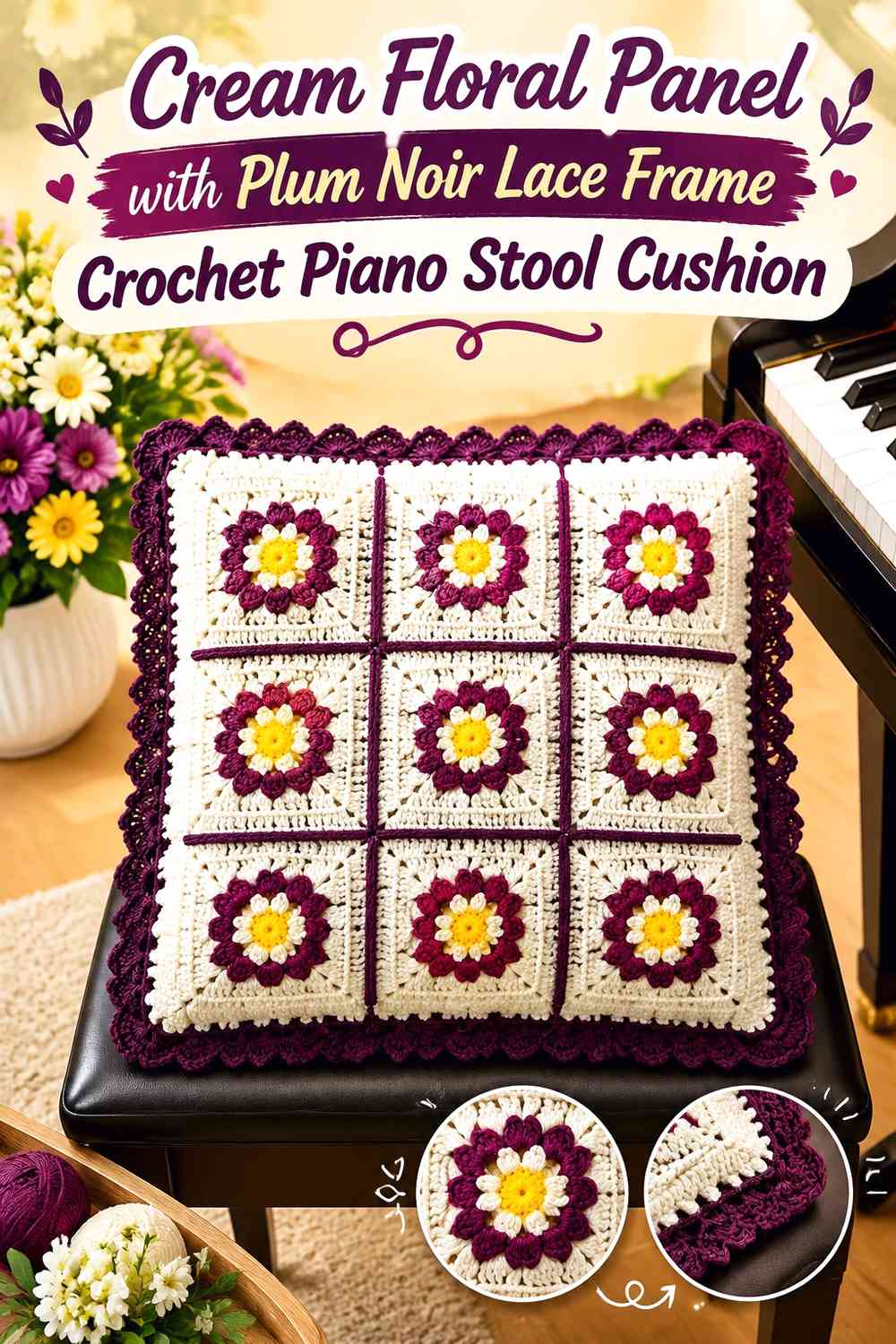 Cream Floral Panel with Plum Noir Lace Frame Crochet Piano Stool Cushion