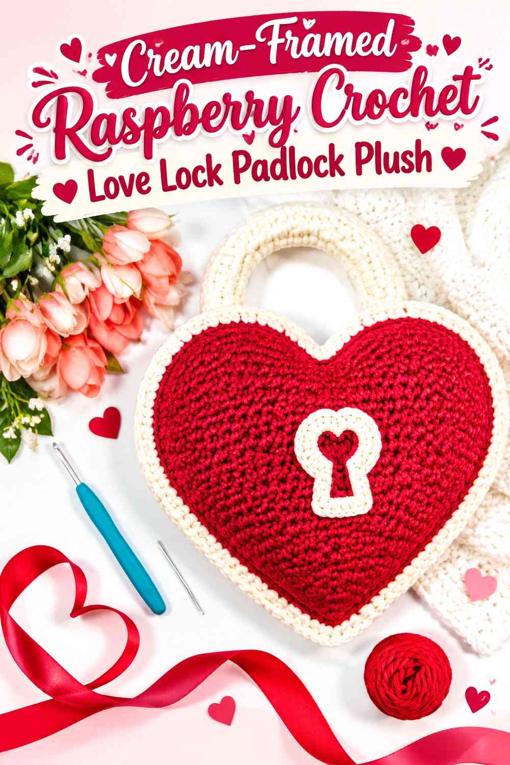 Cream-Framed Raspberry Crochet Love Lock Padlock Plush