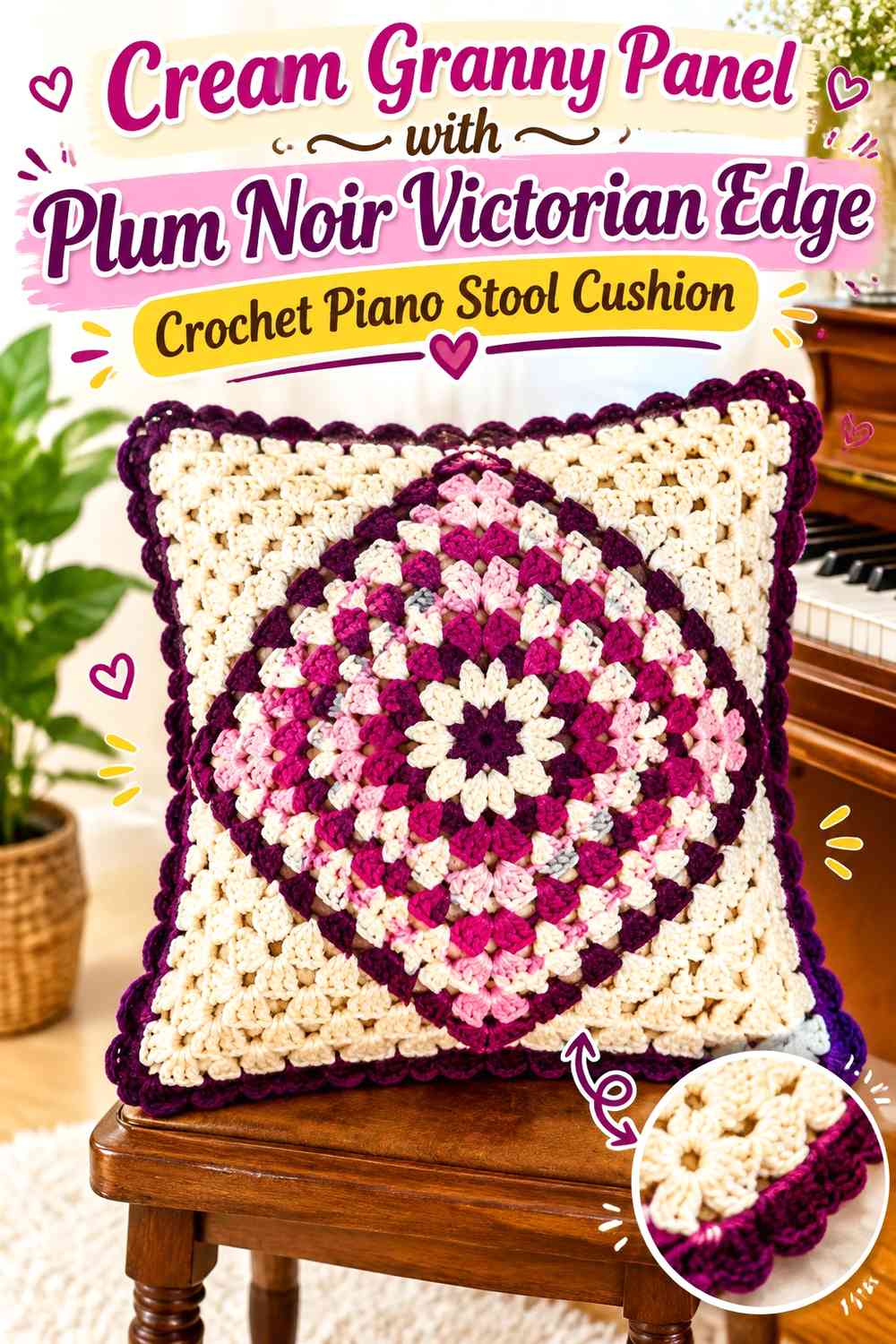 Cream Granny Panel with Plum Noir Victorian Edge Crochet Piano Stool Cushion