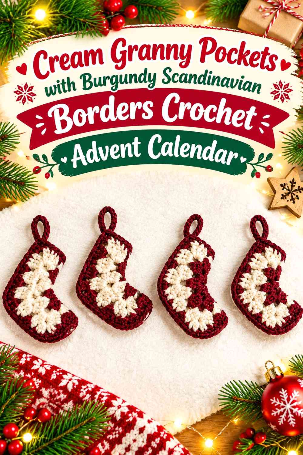 Cream Granny Pockets with Burgundy Scandinavian Borders Crochet Advent Calendar