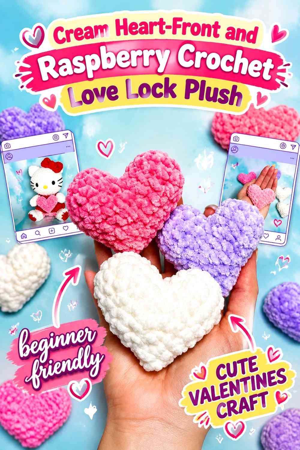Cream Heart-Front and Raspberry Crochet Love Lock Plush
