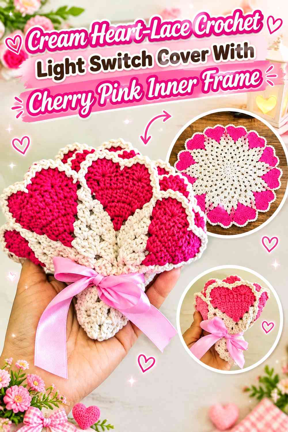 Cream Heart-Lace Crochet Light Switch Cover With Cherry Pink Inner Frame