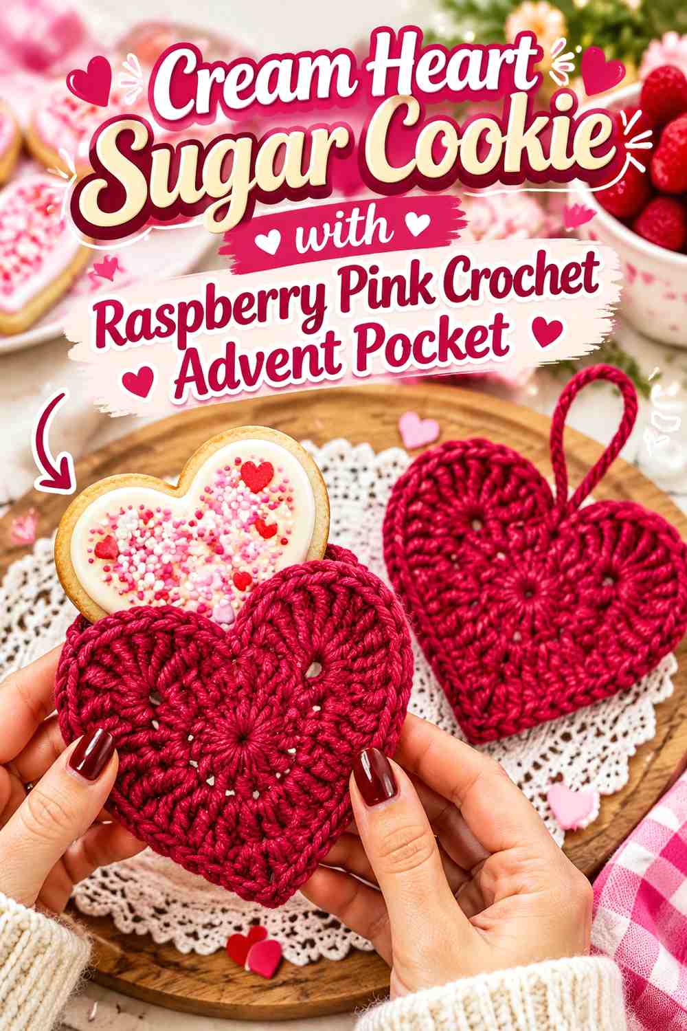 Cream Heart Sugar Cookie with Raspberry Pink Crochet Advent Pocket