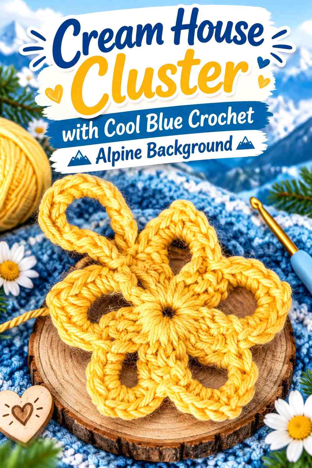 Cream House Cluster with Cool Blue Crochet Alpine Background