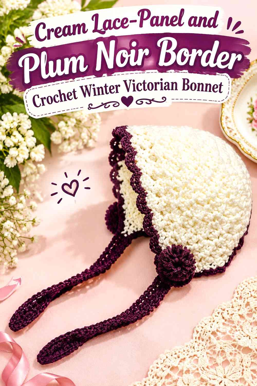 Cream Lace-Panel and Plum Noir Border Crochet Winter Victorian Bonnet