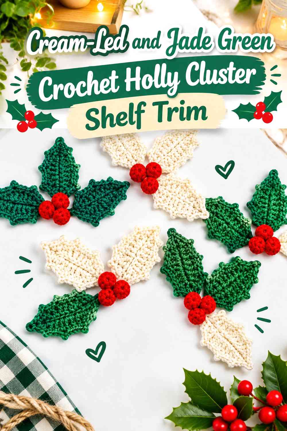 Cream-Led and Jade Green Crochet Holly Cluster Shelf Trim