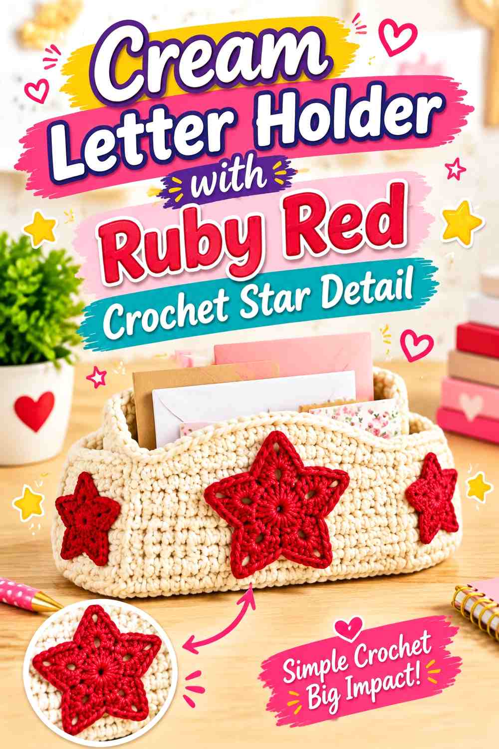 Cream Letter Holder with Ruby Red Crochet Star Detail